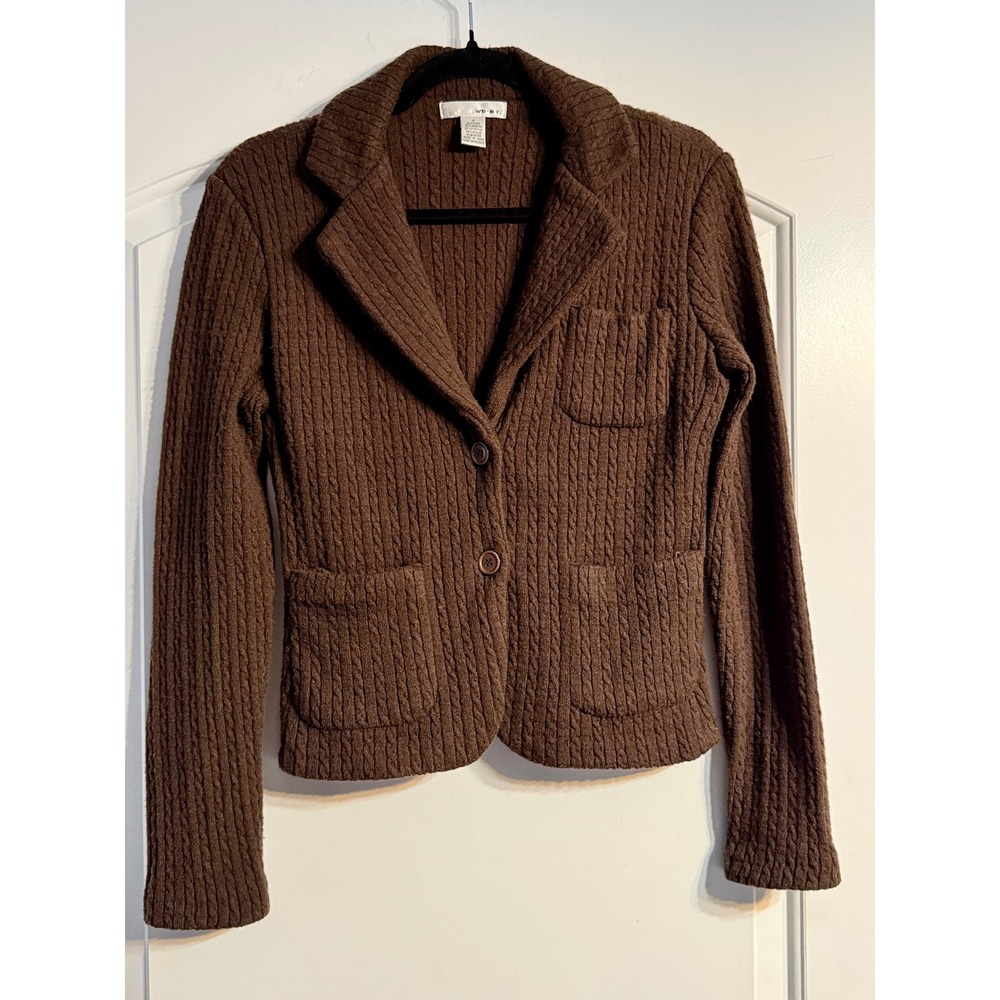 WD-NY Sweater Blazer Women‎ 4 Brown Wool Angora Cable Knit Button Jacket